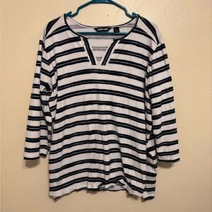 Lands’ End Women’s L Striped Split Neck 3/4 Sleeve Top Navy White